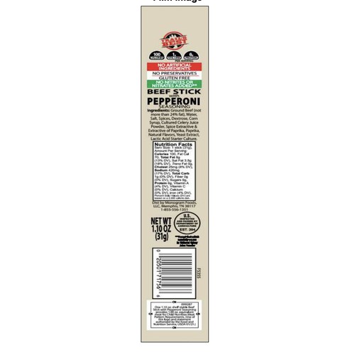 Trail's Best Clean Label Beef Pepperoni Stick, CN, 1.1oz