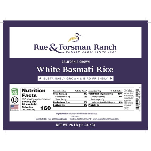 Rue & Forsman Ranch - Sustainably Grown - White Basmati Rice - California Grown