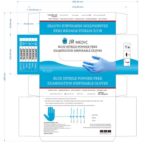 JR Medic Nitrile Disposable Gloves (Blue), Powder Free, Latex Free - FDA 510K, Medium