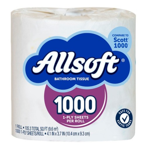 Allsoft 1000 1-Ply Bathroom Tissue, Single Roll