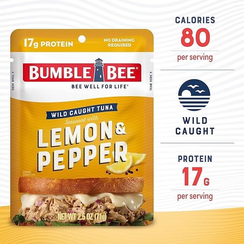 Bumble Bee Lemon & Pepper Seasoned Tuna, 2.5 oz Pouches (Pack of 12)