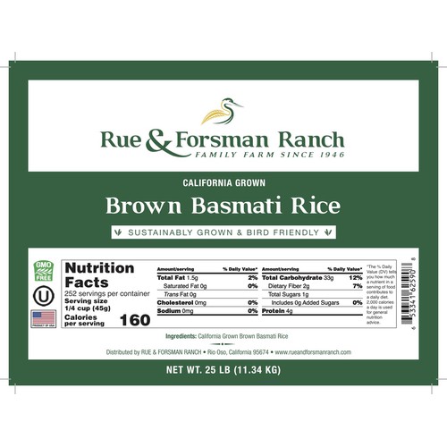 Rue & Forsman Ranch - Sustainably Grown - Brown Basmati Rice - California Grown