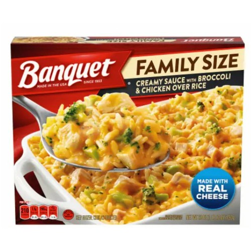 BANQUET FAMILY SIZE CREAMY SAUCE W/ BROCCOLI & CHICKEN OVER RICE FRZ