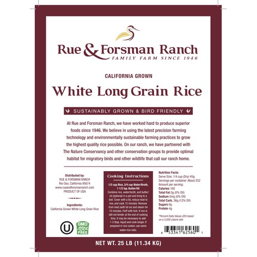 Rue & Forsman Ranch - Sustainably Grown - Long Grain White Rice - California Grown
