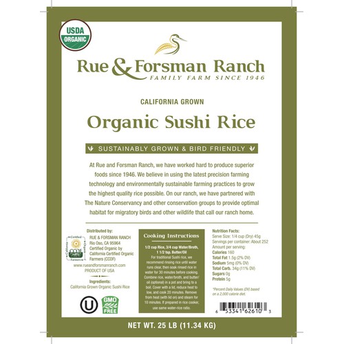 Rue & Forsman Ranch - Sustainably Grown - Organic Sushi Rice - California Grown