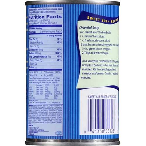 Sweet Sue Reduced Sodium Chicken Broth, 14.5 oz Can (Pack of 24)