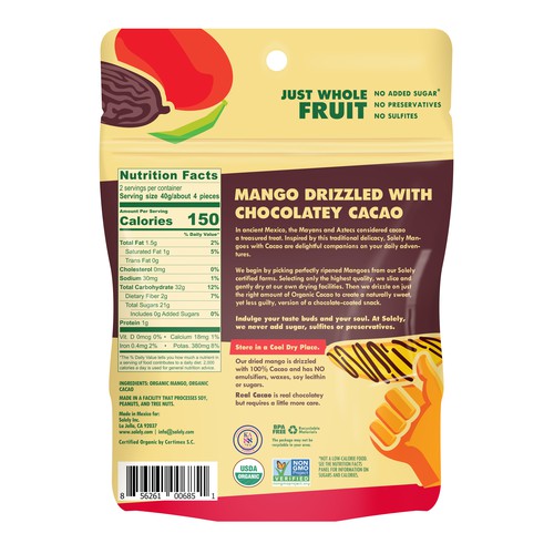 Organic Dried Fruit, Mango Strips Drizzled with 100% Cacao