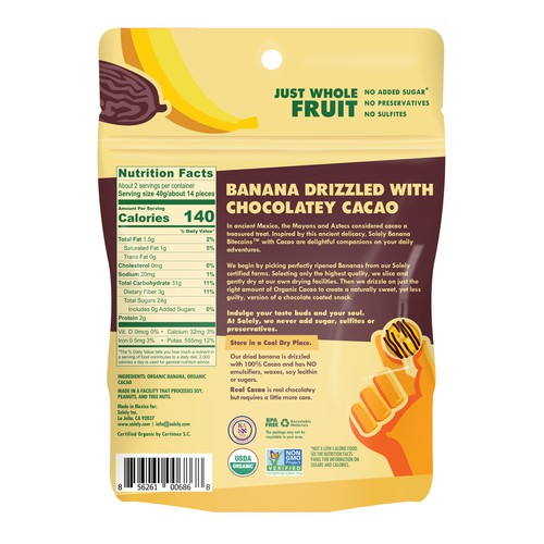 Organic Dried Fruit, Banana Bitecoins Drizzled with 100% Cacao
