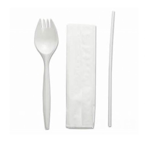 Kitchmart Medium Weight White Wrapped Plastic Spork, Straw, and Napkin Kit