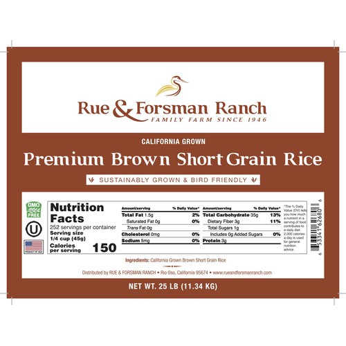 Rue & Forsman Ranch - Sustainably Grown - Premium Short Grain Brown Rice - California Grown