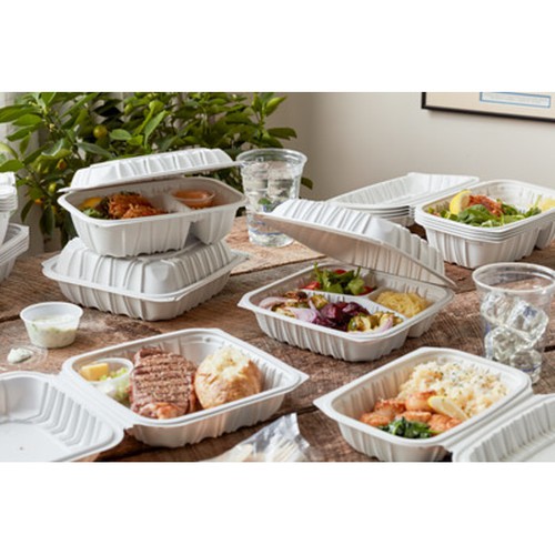 8.5" x 8.5" x 3.1" 3-Comp. Hinged-Lid Takeout Container, White, 146 ct.