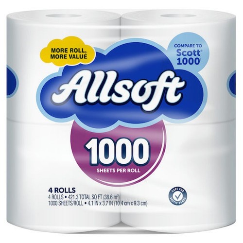 Allsoft 1000 1-Ply Bathroom Tissue, 4 Rolls