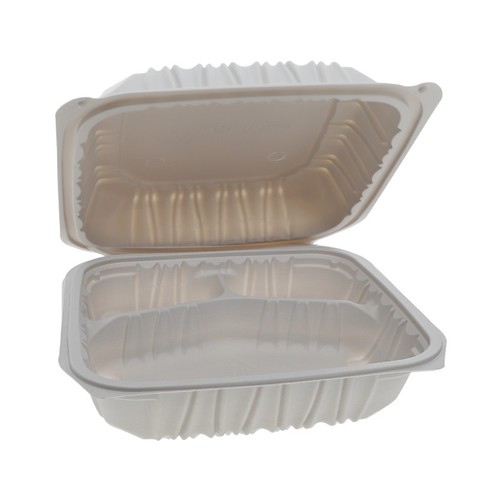 8.5" x 8.5" x 3.1" 3-Comp. Hinged-Lid Takeout Container, White, 146 ct.