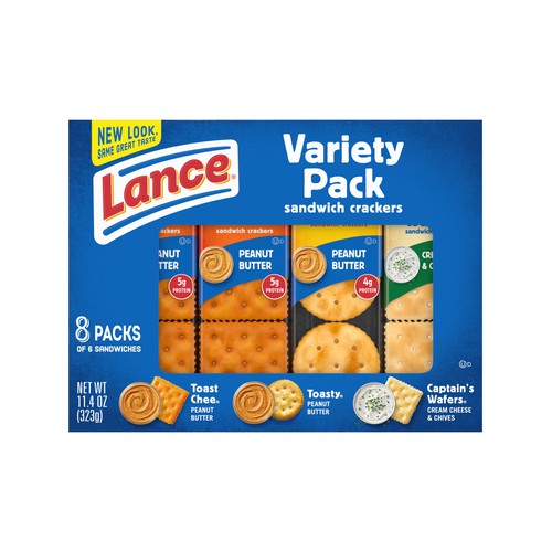 Lance Sandwich Crackers, Variety Pack with ToastChee and Toasty with Peanut Butter and Captain's Wafers with Cream Cheese, 8 Ct