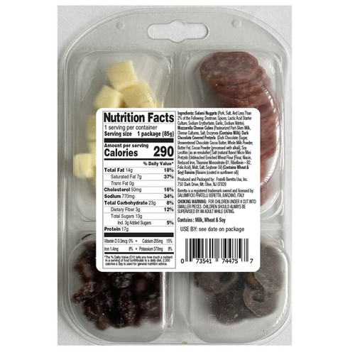 Rexy Lunch Snack Pack 3 Oz #2 - Salami Nuggets, Mozzarella Cheese Cubes, Dark Chocolate Covered Pretzels, Raisins