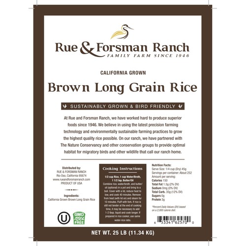Rue & Forsman Ranch - Sustainably Grown - Brown Long Grain Rice - California Grown