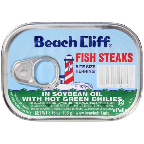 Beach Cliff Fish Steaks Bite Size Herring in Soybean Oil with Hot Green Chilies 12/3.75oz
