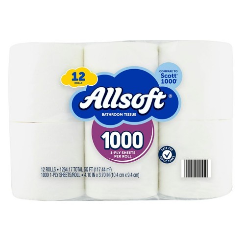 Allsoft 1000 1-Ply Bathroom Tissue, 12 Rolls