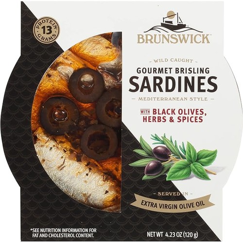 Brunswick Gourmet Brisling Sardines Mediterranean Style with Black Olives, Herbs & Spices 12/4.23oz